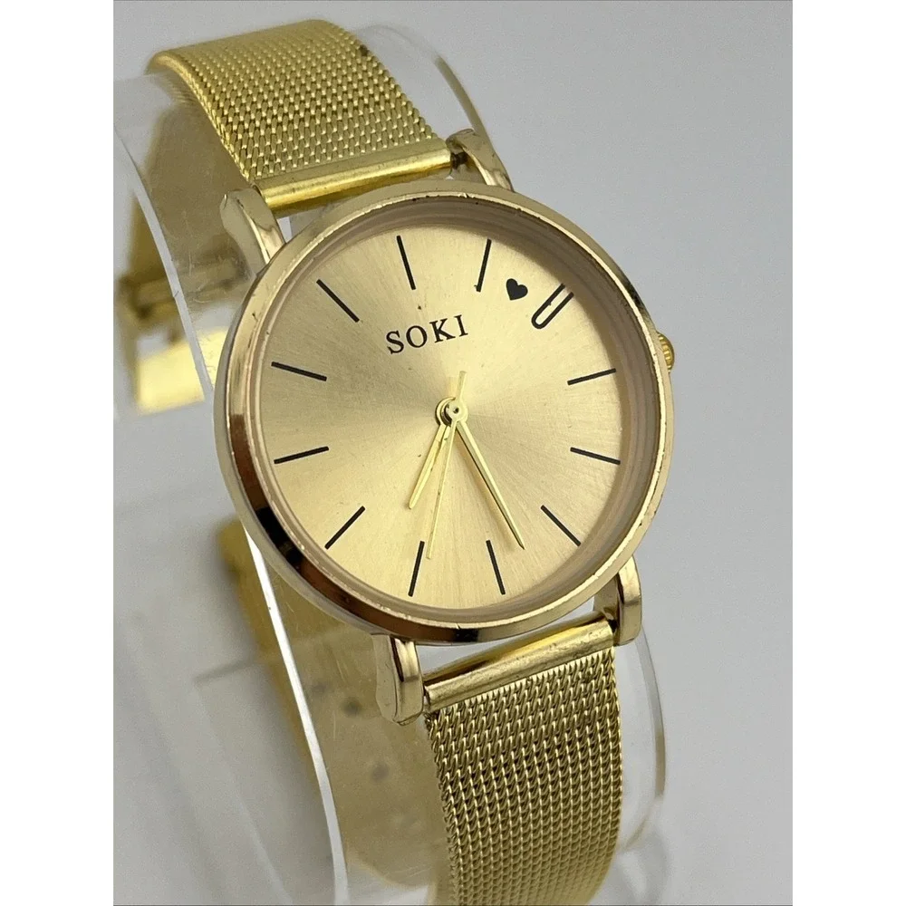 Soki‎ Watch Women 30mm Gold Case Mesh Metal Band- New Battery